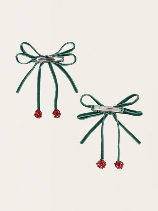 Koralikowe spinki do włosów Cherry Bow Clips Smoke Pine