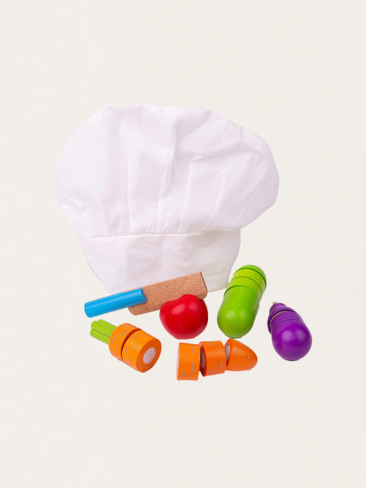 Zestaw szefa kuchni z czapką i owocami do krojenia