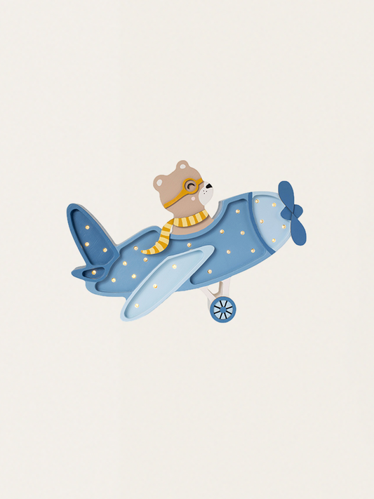 Lampka z litego drewna sosnowego - Miś w samolocie