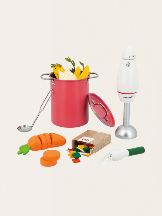 Zestaw do gotowania zupy z drewnianym blenderem i akcesoriami