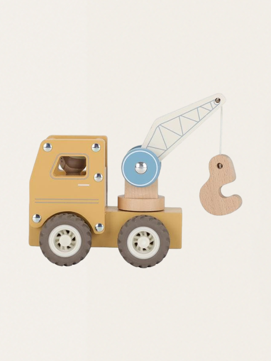 Drewniane autko z ludzikiem - Ciężarówka z dźwigiem
