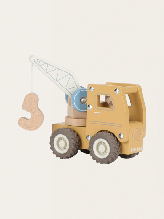Drewniane autko z ludzikiem - Ciężarówka z dźwigiem