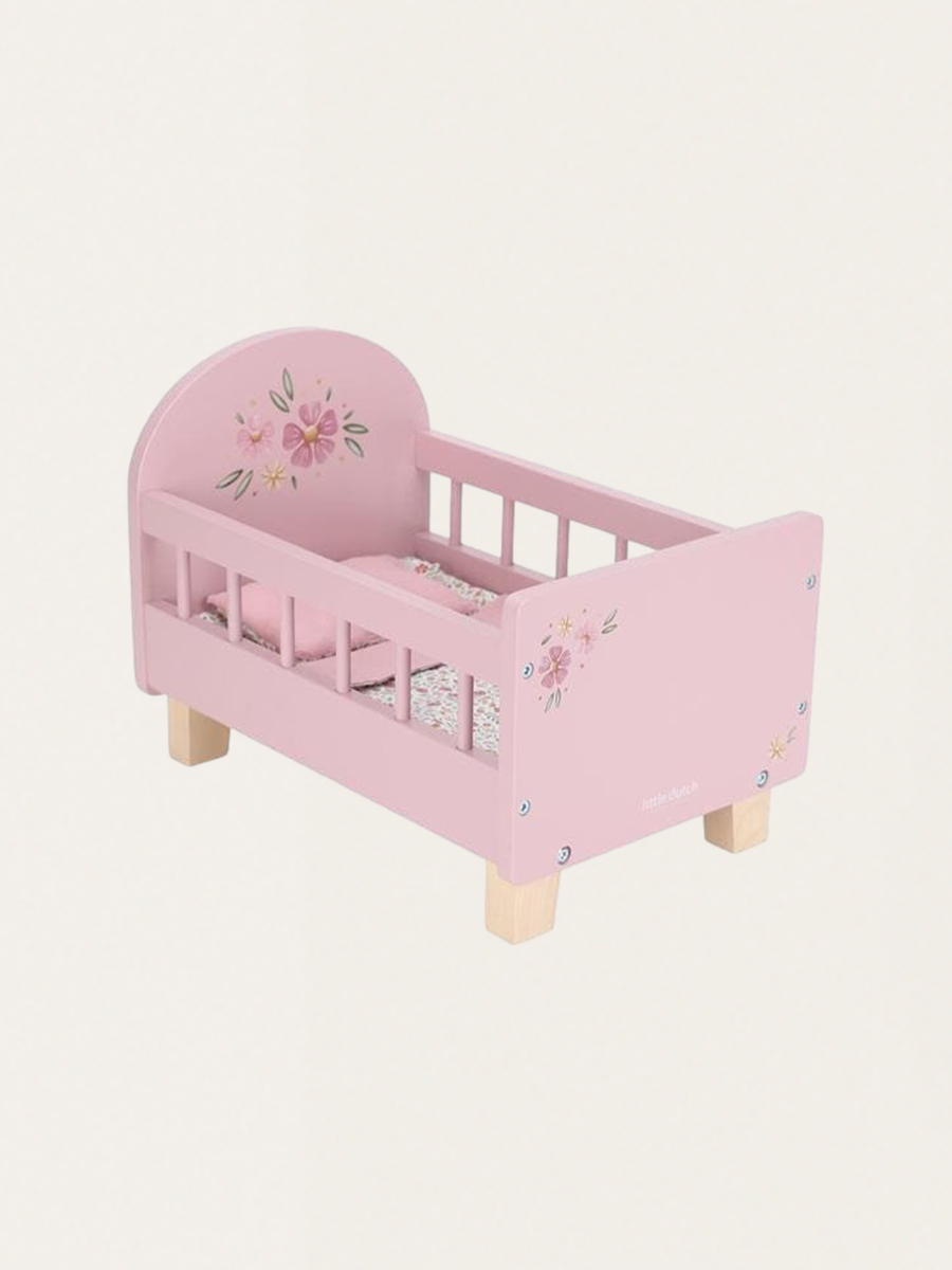 Drewniane łóżeczko dla lalek z pościelą