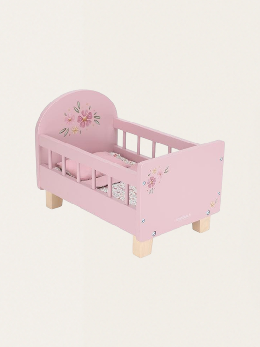 Drewniane łóżeczko dla lalek z pościelą