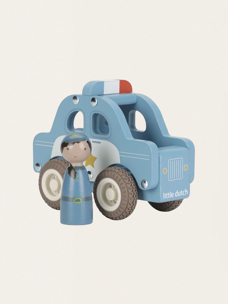 Drewniane autko z ludzikiem - Policja