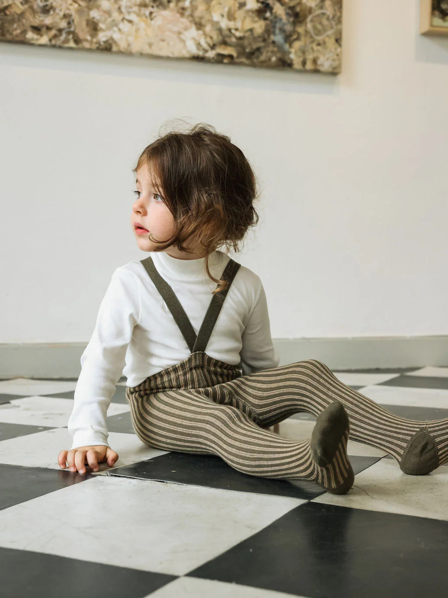 Retro-Strumpfhose mit Trägern, gestreift in Seetangbraun x Erdnussbraun