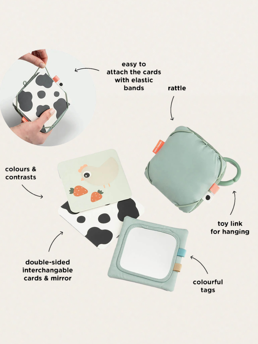 Zawieszka na karty kontrastowe z lusterkiem i grzechotką Tiny Farm