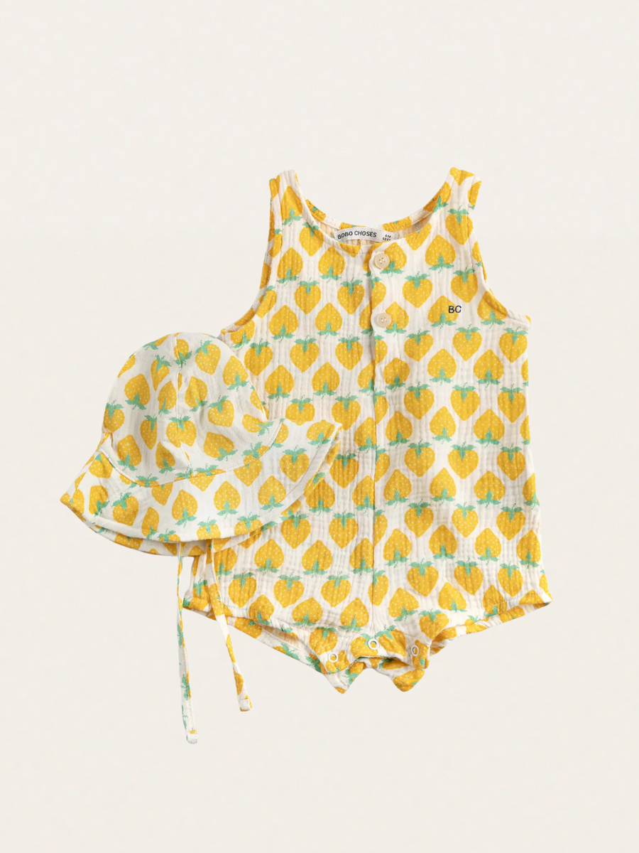 Zestaw na lato - romper + kapelusz Strawberry all over