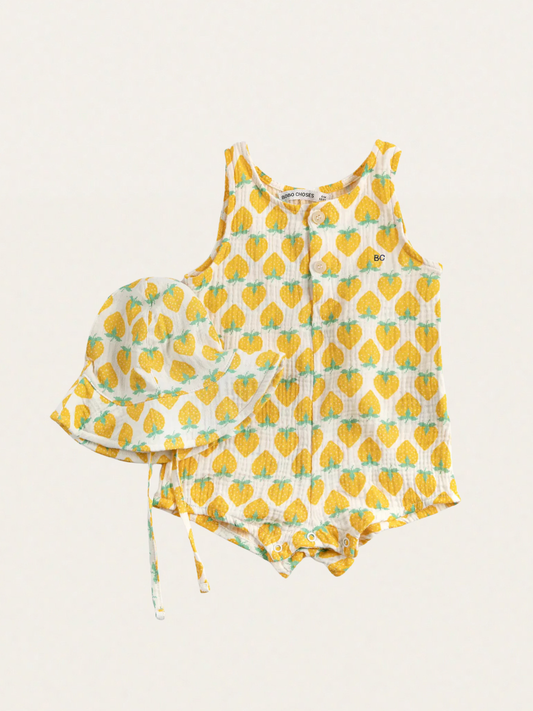 Zestaw na lato - romper + kapelusz Strawberry all over