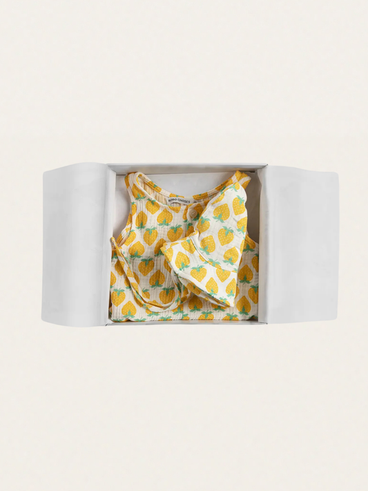 Zestaw na lato - romper + kapelusz Strawberry all over