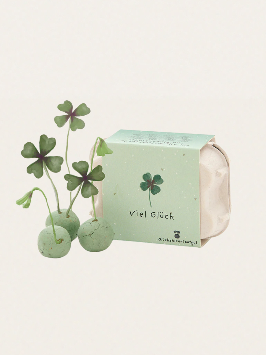 Kolorowe kulki z nasionami koniczyny w kartoniku na jajka na szczęście