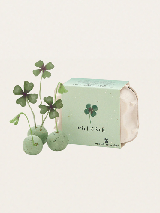 Kolorowe kulki z nasionami koniczyny w kartoniku na jajka na szczęście