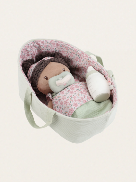 Miękka lalka Baby Evi w nosidełku z akcesoriami