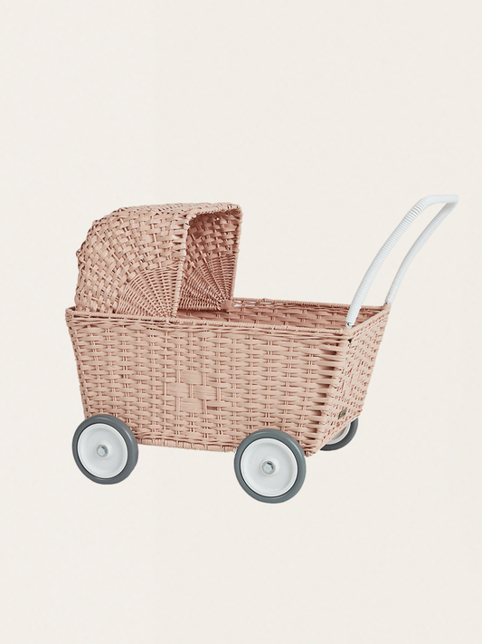 Ręcznie wyplatany rattanowy wózek dla lalek