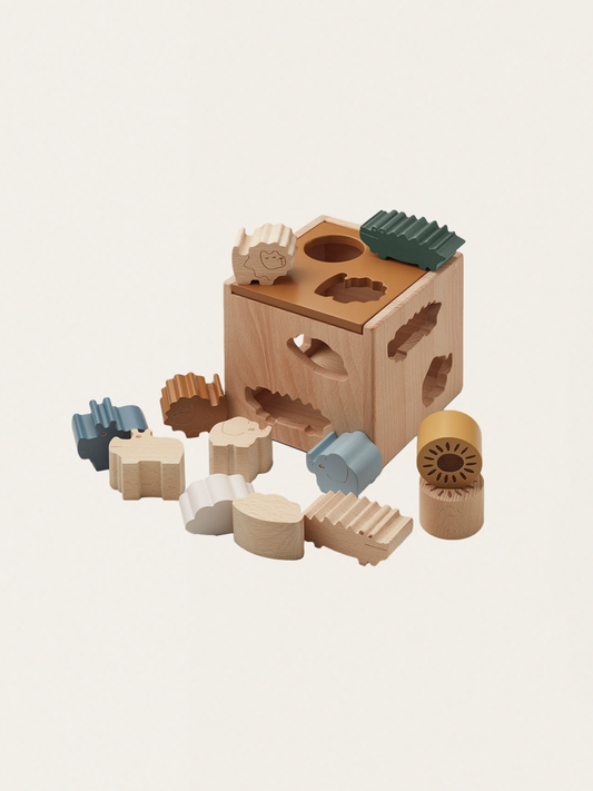 Drewniany sorter kształtów Gary puzzle cube Safari golden caramel